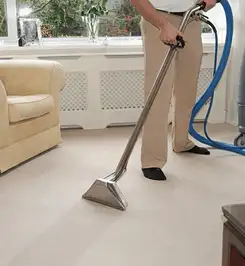 Professional carpet cleaner using a hot-water extraction wand and hose machine in a living room in Pittsburgh, PA.