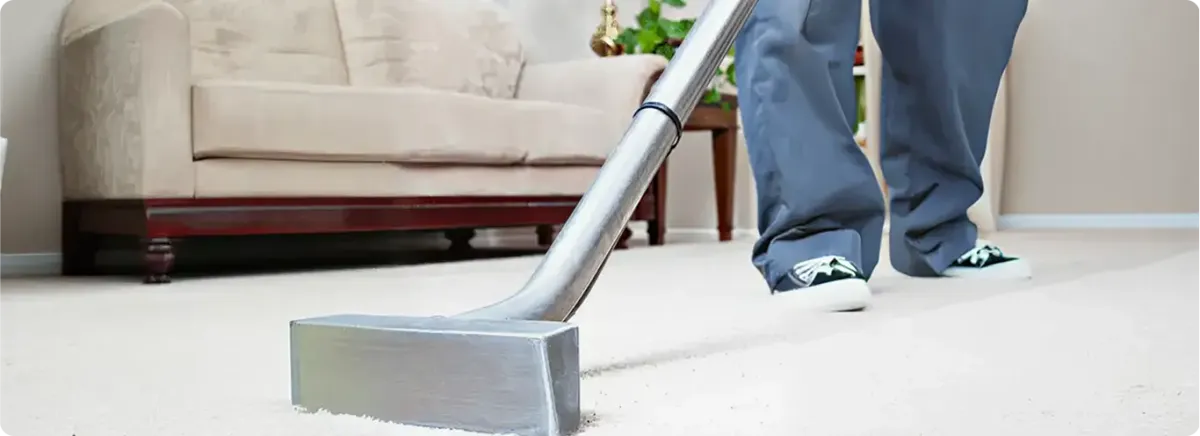 Carpet cleaning technician using a hot-water extraction wand on a light-colored carpet in a living room, Pittsburgh, PA.