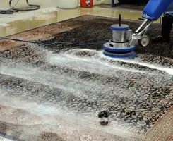 Professional rug cleaning with a rotary floor machine and shampoo foam, deep-cleaning an area rug, in Pittsburgh, PA.